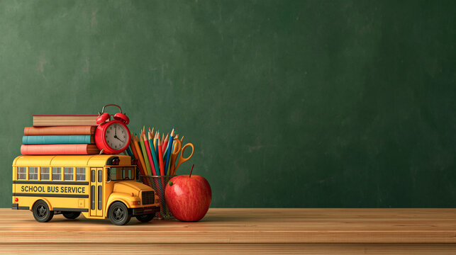 Back to School Essentials: A charming toy school bus, a stack of books, an alarm clock, colorful pencils.