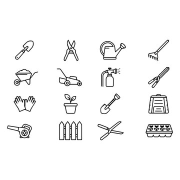 Set of gardening icons featuring lawn and yard maintenance tools isolated on a white background for outdoor landscaping design.