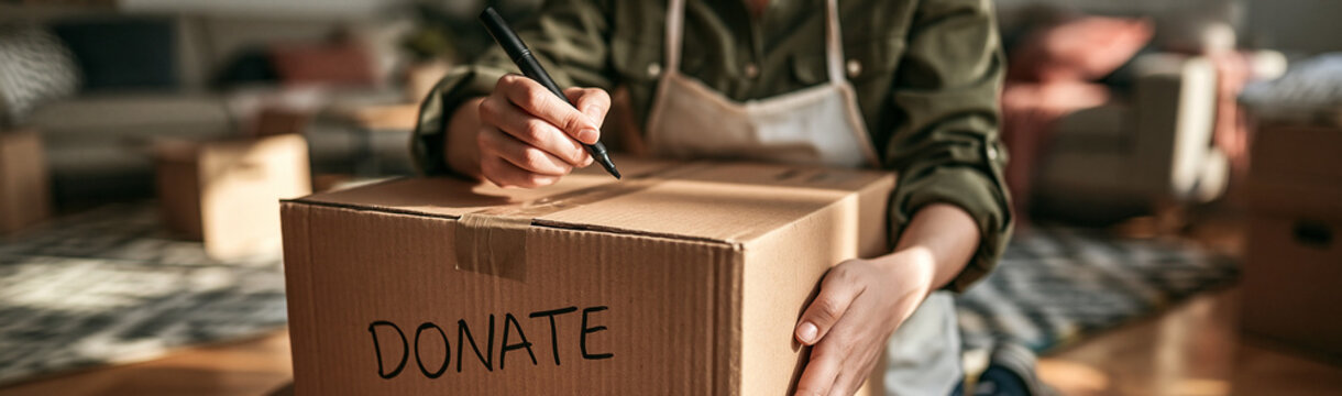 Donation Box Ready: A person's hands hold a cardboard box labeled DONATE while writing on it, signifying the act of giving and generosity in a home setting.