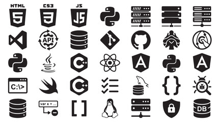 Programming language icons set, software development and coding technology symbols, web engineering and database management vector elements © eesha