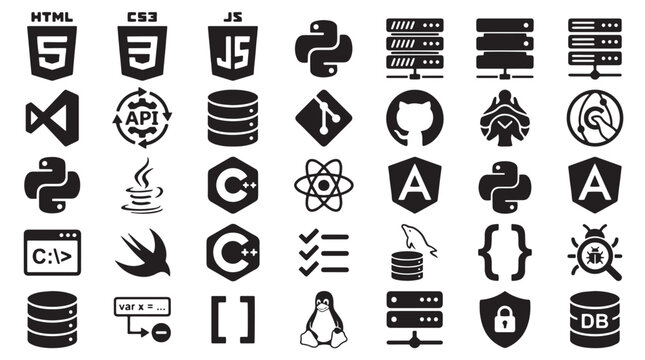 Programming language icons set, software development and coding technology symbols, web engineering and database management vector elements