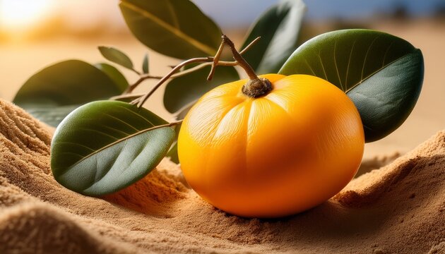Macro Shot Of Citrullus Colocynthis Ripe Fruit Alongside Stems And Leaves Growing On A Sandy Landscape