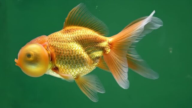 A vibrant orange bubble eye goldfish swimming in a deep green water tank