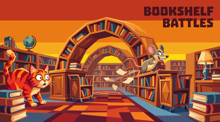 Funny original cartoon cat quietly chasing clever mouse between bookshelves, surprised expressions, colorful library interior, humorous adventure, vibrant vector illustration, premium background.
