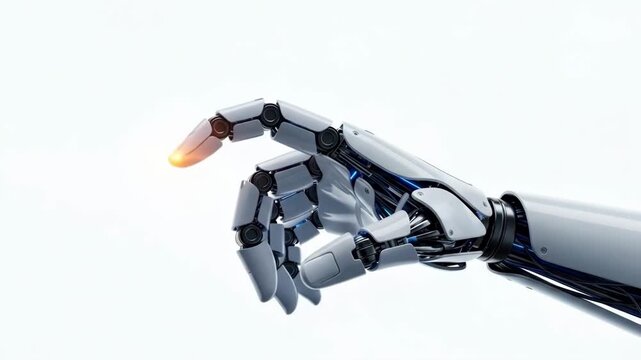 A robotic hand reaching out with a glowing fingertip on white background