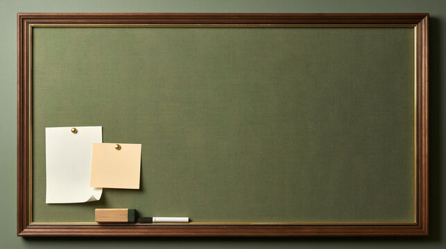 Blank Green Chalkboard with Notes: A vintage green chalkboard with a wooden frame displays two pinned notes, one white and one beige, alongside a chalk stick and eraser.