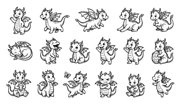 Adorable baby dragon sketch vector collection with hand drawn fantasy character illustrations isolated on white background