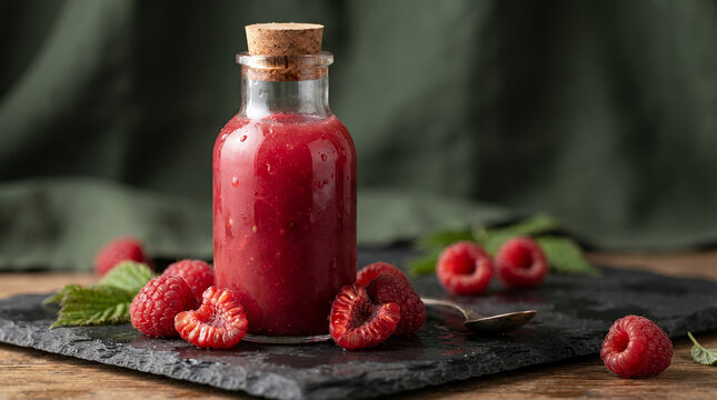 Raspberry juice in a glass bottle with fresh raspberries on a stone surface
