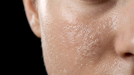 Fototapeta premium Skin texture is shown in extreme close-up detail with tiny droplets of moisture resting on the pores, highlighting the natural complexion and health of a woman's face in high resolution detail.