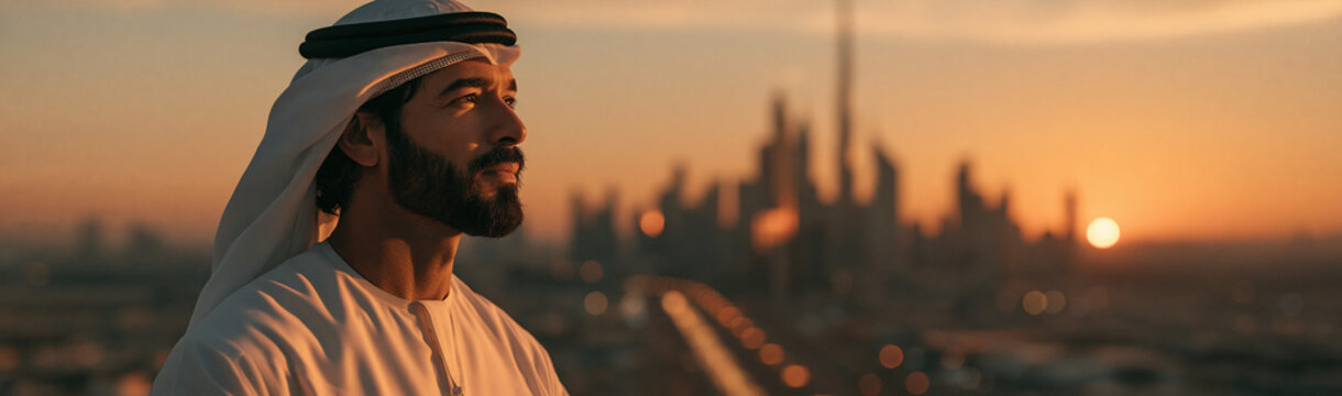Arab Man Gazing at Sunset Skyline: A dignified Arab man in traditional attire stands against a breathtaking sunset, with a modern cityscape silhouetted in the background.
