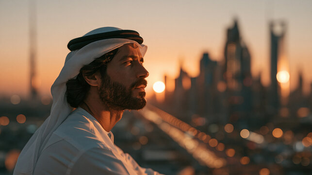Arab Man in Modern City at Sunset: A handsome Arab man, dressed in traditional attire, gazes thoughtfully at a futuristic cityscape as the sun sets, casting a warm golden light over the scene.