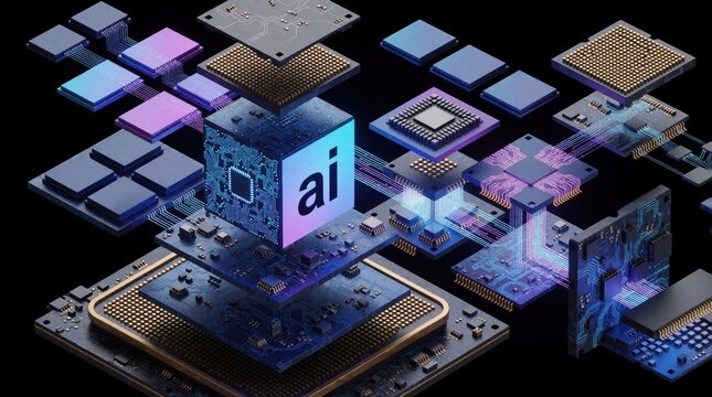 Exploded view of AI chip layers shows neural network processing and memory banks. Computer hardware components connect with light lines on dark background. Futuristic technology concept.