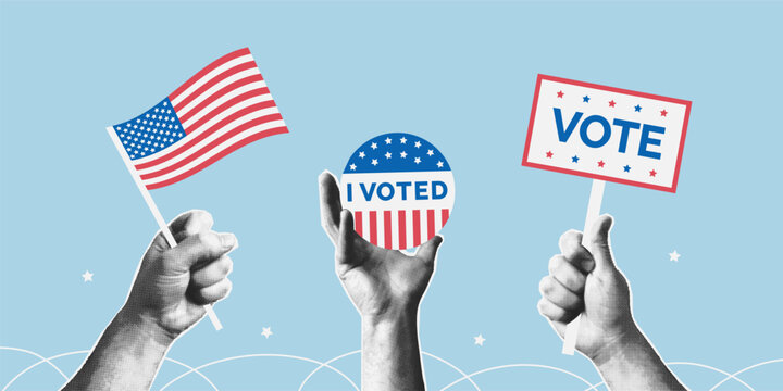 Photo hand collage USA election vote banner. Halftone sticker of American flag, agitation quote, l voted badge. Paper cut out mixed media vector illustration. Vintage retro.