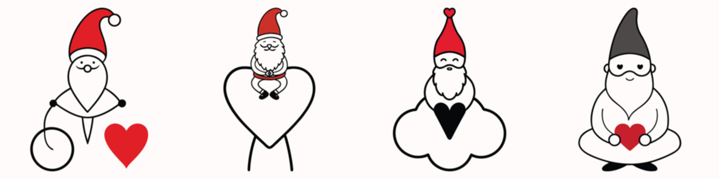 Heart shaped gnome face, stylized black and white design, cute elf character with red hat, festive symbol, holiday graphic element, dark love shape.