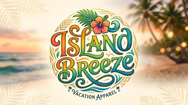 Island breeze vacation apparel logo with tropical flowers and palm trees