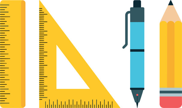School Stationery Icon Set with Ruler, Set Square, Pen and Pencil for Education, Drawing, Geometry and Office Supply Design Collection