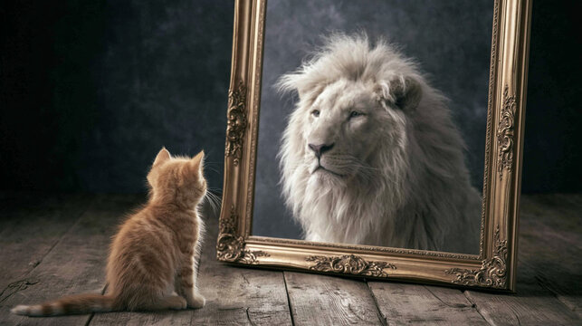 Kitten's Inner Lion: A small ginger kitten gazes into a mirror, seeing the reflection of a mighty white lion, symbolizing inner strength and untapped potential.