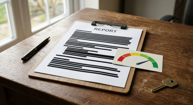 Printed credit report with score meter: payment history, utilization, age of accounts, collections, inquiries.
