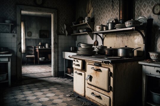 Old vintage kitchen inside abandoned house. Rusty metal stove sits with stack of ceramic plates. Dark dusty room features peeling wallpaper, wooden furniture. Dilapidated home interior creates spooky