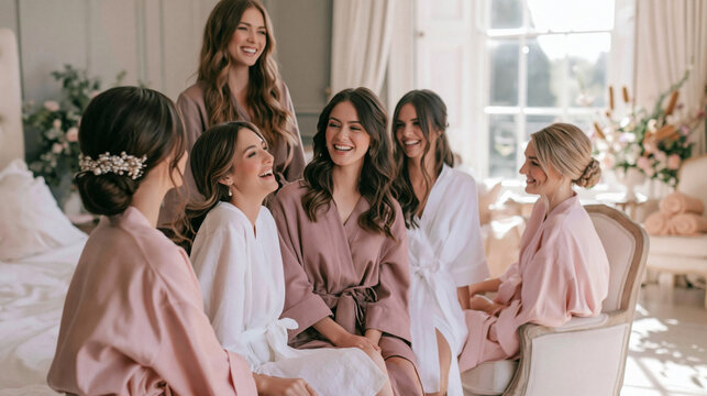 Bridesmaid Bliss: A group of joyful bridesmaids, adorned in elegant robes, share laughter and anticipation on the morning of a wedding, embodying sisterhood and celebration.