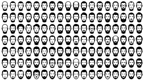 Male Face Silhouette Front View Character Portrait Vector Collection Black Head Icons