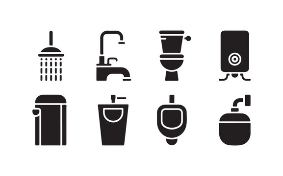 Bathroom plumbing set of icons with shower faucet toilet water heater urinal and trash can icons.