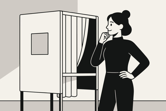 Pensive woman standing next to a voting booth while thinking about her choice during a democratic election.