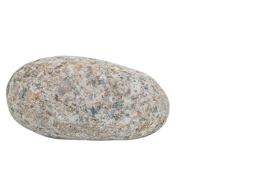 Gray round natural river stone of oval flattened shape with heterogeneous composition, spotted inclusions of red, white, black, isolated on white background with clipped path. Empty copy space