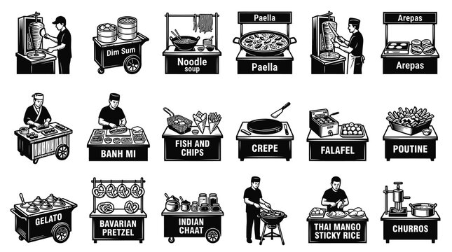 Vintage Black  White Line Art Icons: Diverse Global Street Food Vendors  Popular Cuisine Stalls Set
