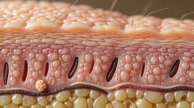 Macro cross-section of human skin reveals epidermis dermis and hypodermis layers. Shows hair follicles sweat glands and cells. Medical dermatology biology science.
