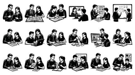 Obraz premium Education and Learning Activities Vector Illustration: Students and Teachers Studying, Tutoring, and Mentoring in Black White Line Art
