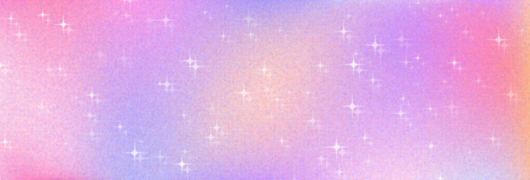 Magic gradient background with glitter sparkles on pink and purple. Vector realistic illustration of rainbow pastel wallpaper with stars, dreamy unicorn-themed backdrop for fantasy magic designs