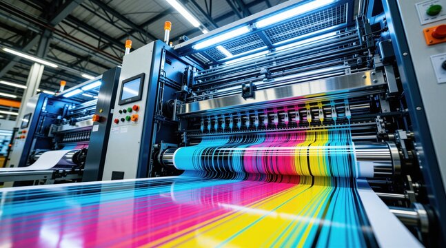 Industrial printing machine operates at high speed. Paper moves through rollers, applying cyan magenta yellow black inks. Automated factory production line creates colorful sheets.