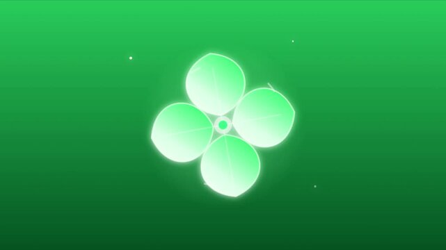 Animated glowing four leaf clover icons floating against a smooth vibrant green gradient background