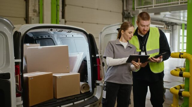 Caucasian female logistics worker using tablet and Caucasian male courier checking clipboard near delivery van with boxes. Video is perfect for supply chain, e-commerce, and shipping promos