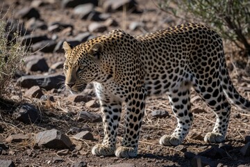 Fototapeta premium Wild leopard walks on rocky ground in African savanna wilderness. Spotted big cat moves across dry land during hot day. Powerful predator hunts in nature reserve environment. Watchful wild mammal