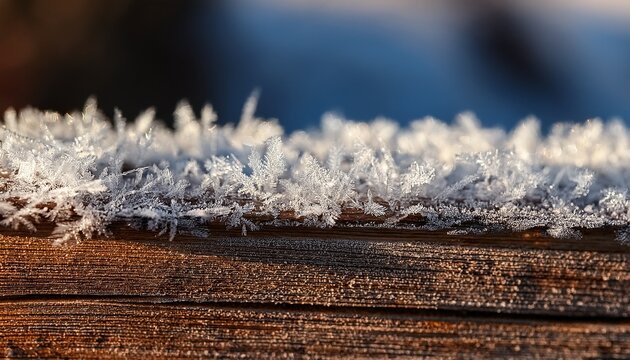 Hoarfrost Crystals On Weathered Wooden Surface Macro Photograph Of Ice Patterns And Layered Wood Texture In Winter Sunlight