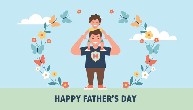 Heartwarming Father's Day greeting card showing a father carrying his young son on his shoulders within a floral wreath.