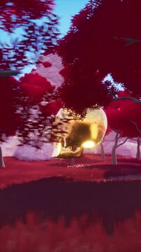 Surreal Gold Skull Hovering Above Crimson Foliage Trees