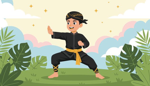 Young boy practicing traditional pencak silat martial arts in a fighting pose amidst lush green tropical plants.