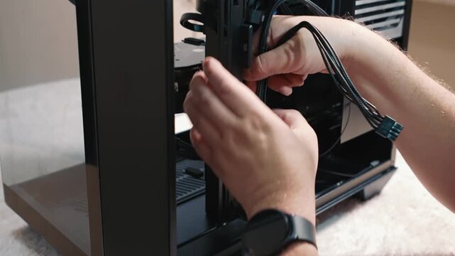 Securing power cables with zip ties inside computer case, careful fastening and organization of internal wiring behind the panel during personal computer assembly and cable management