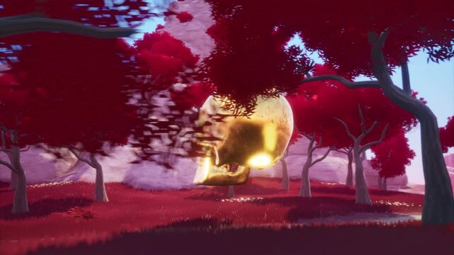 3D Golden Skull Floating Over Red Fantasy Forest Landscape
