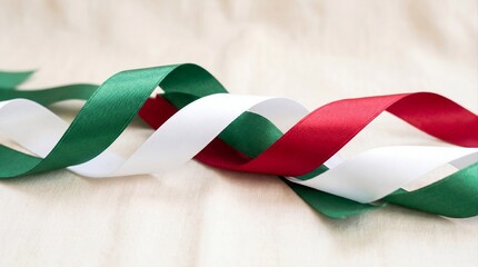 Fototapeta premium Elegant Intertwined Green White and Red Satin Ribbons on Textured Linen Background for Italian Holiday Celebration, Luxury Gift Packaging, and Product Branding Banner