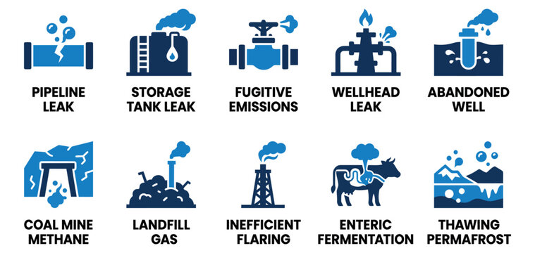 Set of methane gas emission icons showing oil industry leaks and natural environmental pollution sources Minimal solid fill icon set bundle collection. Editable Vector Illustration Mega pack