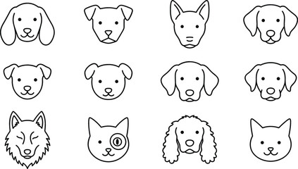 Fototapeta premium Minimalist Cute Dog and Cat Face Linear Vector Icon Set Featuring Various Cute Pet Breeds Outline Art Graphics