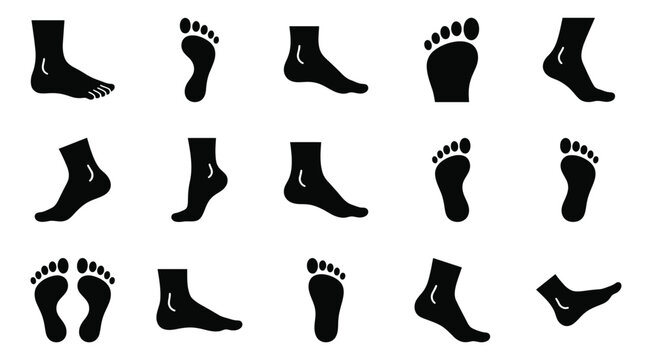 Set of black silhouette icons representing a comprehensive human body parts bundle of feet