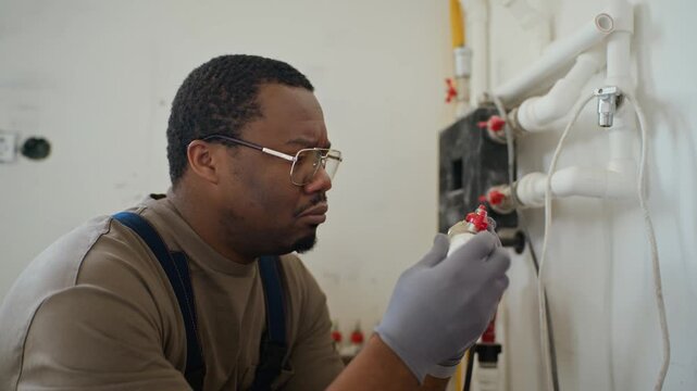 African American young adult plumber wearing glasses and gloves inspecting water valve near heating pipes. Clip is perfect for plumbing service commercials and home renovation advertisements