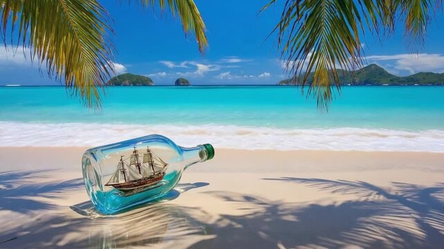Ship in a bottle on the beach.