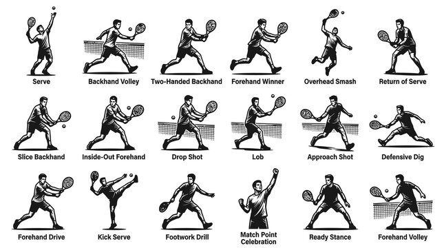 Tennis Players Actions  Stances Vector Set - Black  White Monochrome Engraving Style Sports Illustration
