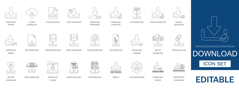 Download icon set. Featuring cloud file arrow speed progress complete pause cancel app pdf image video audio zip link batch secure free folder limit qr code error and direct.